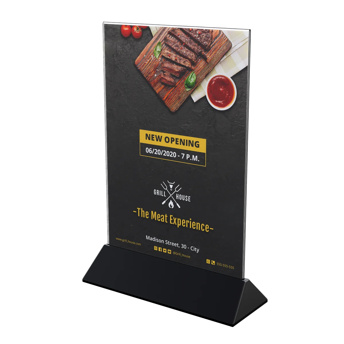 COLOR MENU HOLDER A4 akril cho‘ntakli menyu tagligi, tagligi qora — 4-surat