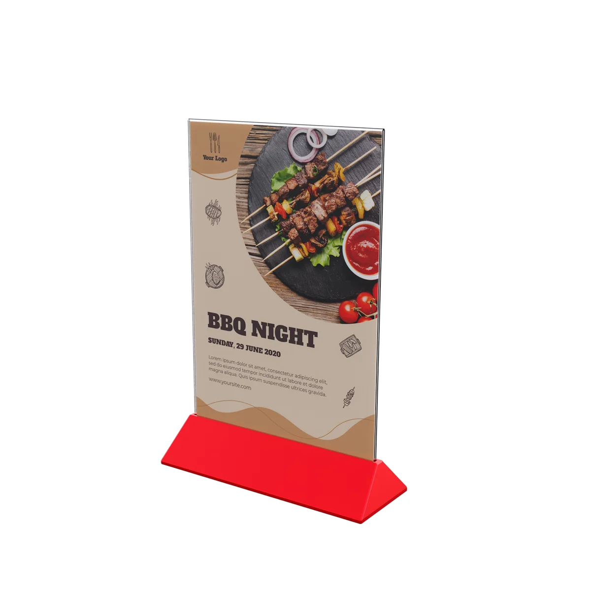 COLOR MENU HOLDER A5 akril cho‘ntakli menyu tagligi, tagligi qizil (qadoqda 20 dona) — 3-surat