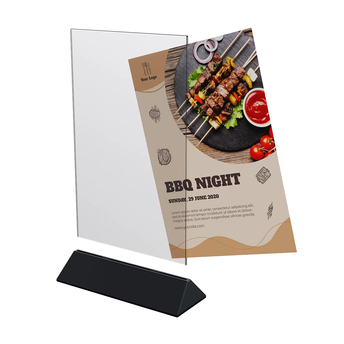 COLOR MENU HOLDER A4 akril cho‘ntakli menyu tagligi, tagligi qora — 2-surat