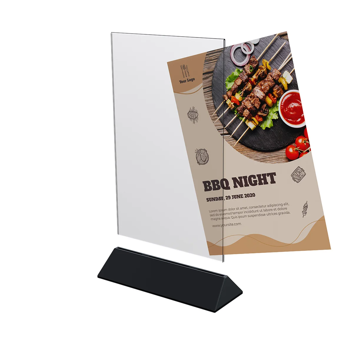 COLOR MENU HOLDER A5 akril cho‘ntakli menyu tagligi, tagligi qora — 2-surat
