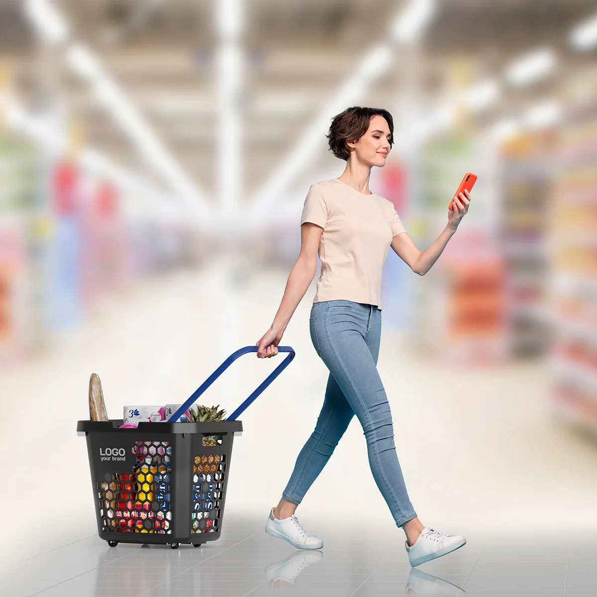G‘ildirakli plastik xarid savati TECHNO XL, 80 litr, qora, ko‘k tutqich — 3-surat