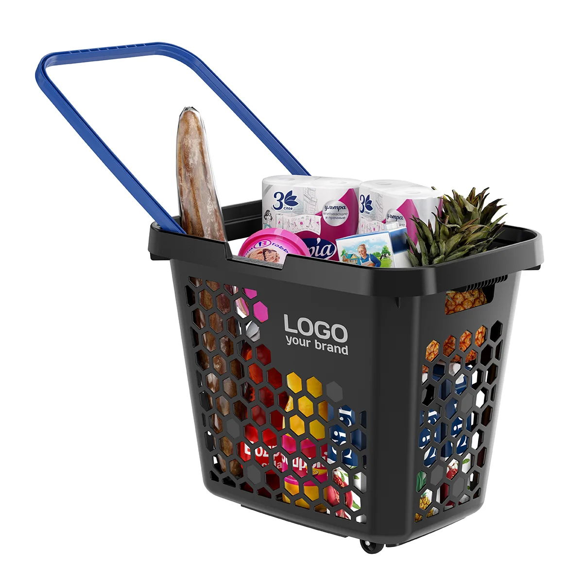 G‘ildirakli plastik xarid savati TECHNO XL, 80 litr, qora, ko‘k tutqich — 2-surat