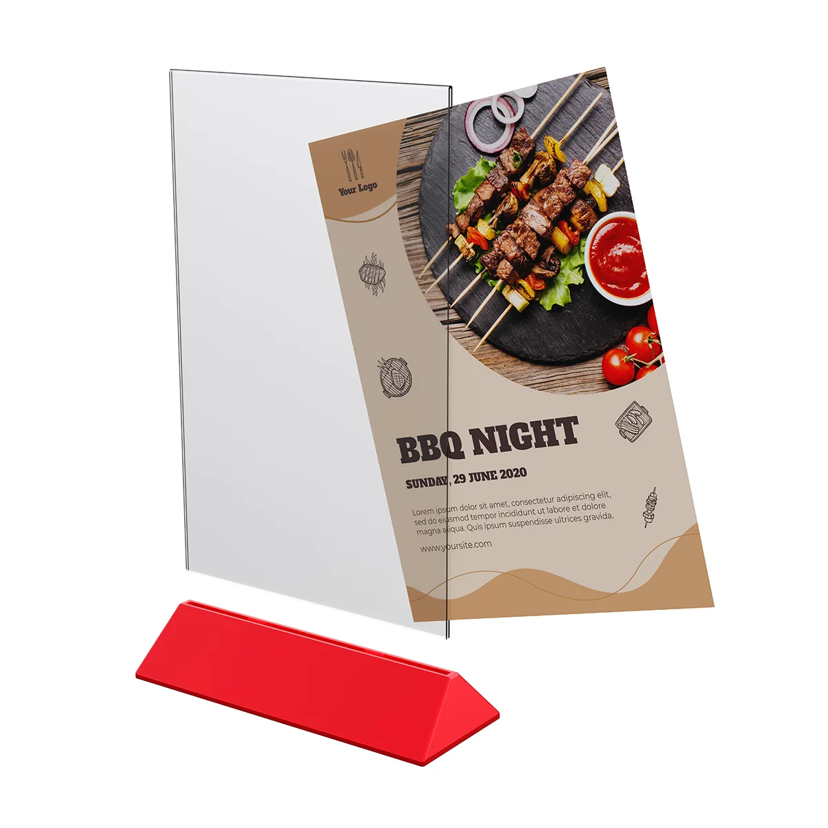COLOR MENU HOLDER A4 akril cho‘ntakli menyu tagligi, tagligi qizil — 2-surat