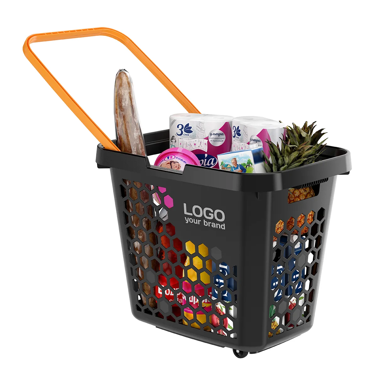 G‘ildirakli plastik xarid savati TECHNO XL, 80 litr, qora, to‘q sariq tutqich — 2-surat
