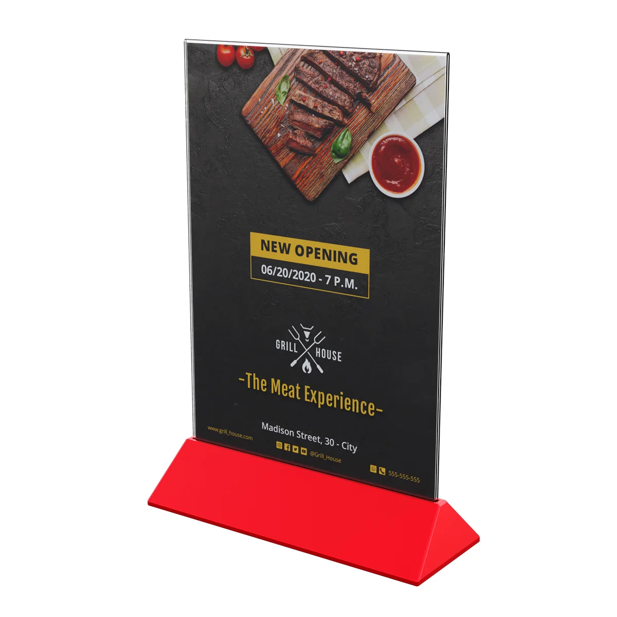 COLOR MENU HOLDER A4 akril cho‘ntakli menyu tagligi, tagligi qizil — 4-surat