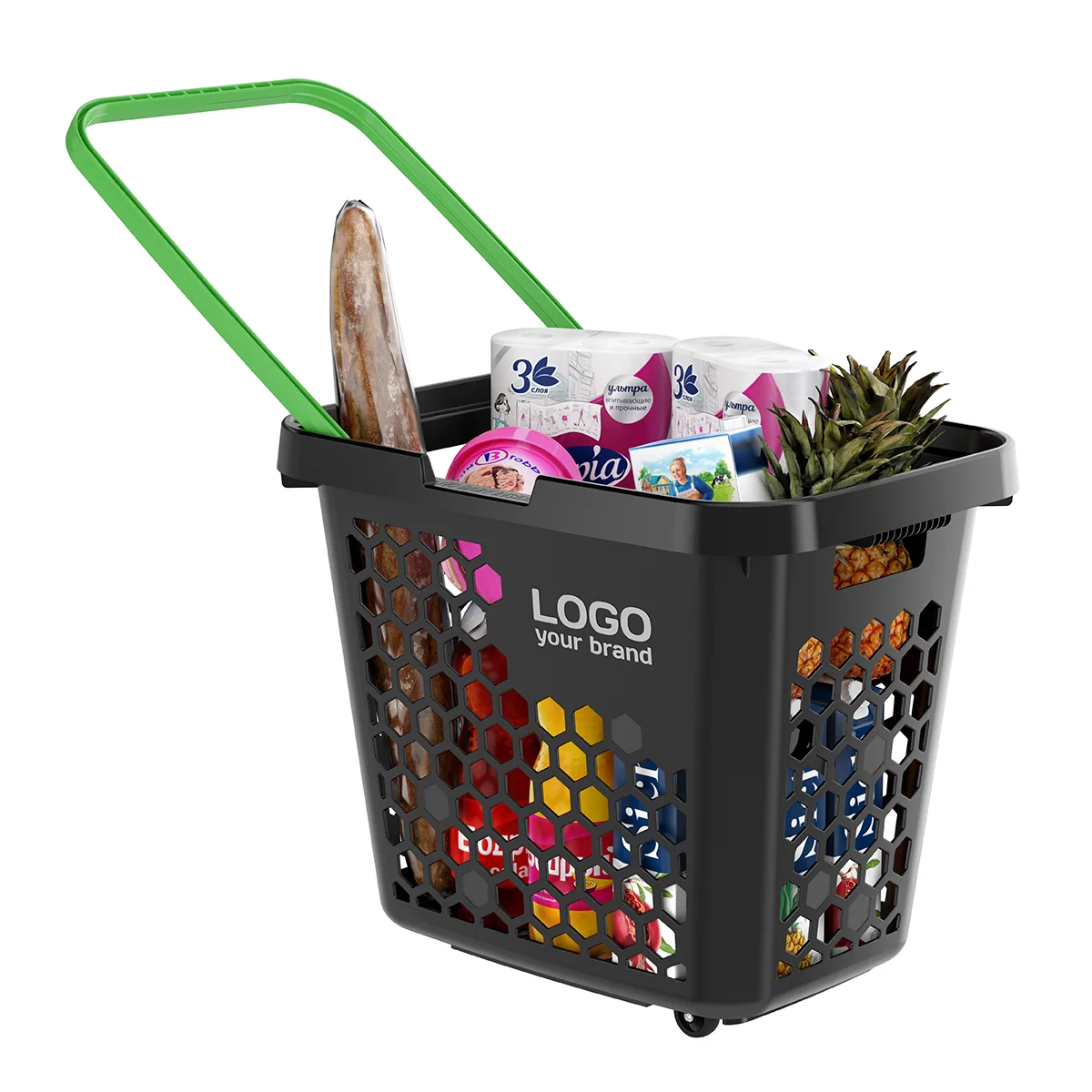 G‘ildirakli plastik xarid savati TECHNO XL, 80 litr, qora, och yashil tutqich — 2-surat