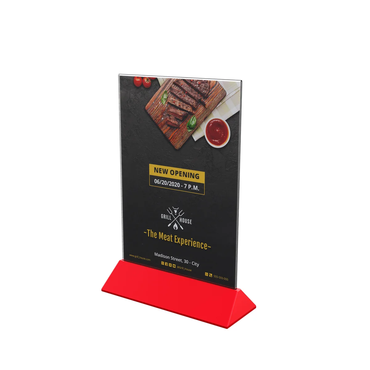 COLOR MENU HOLDER A5 akril cho‘ntakli menyu tagligi, tagligi qizil (qadoqda 20 dona) — 4-surat