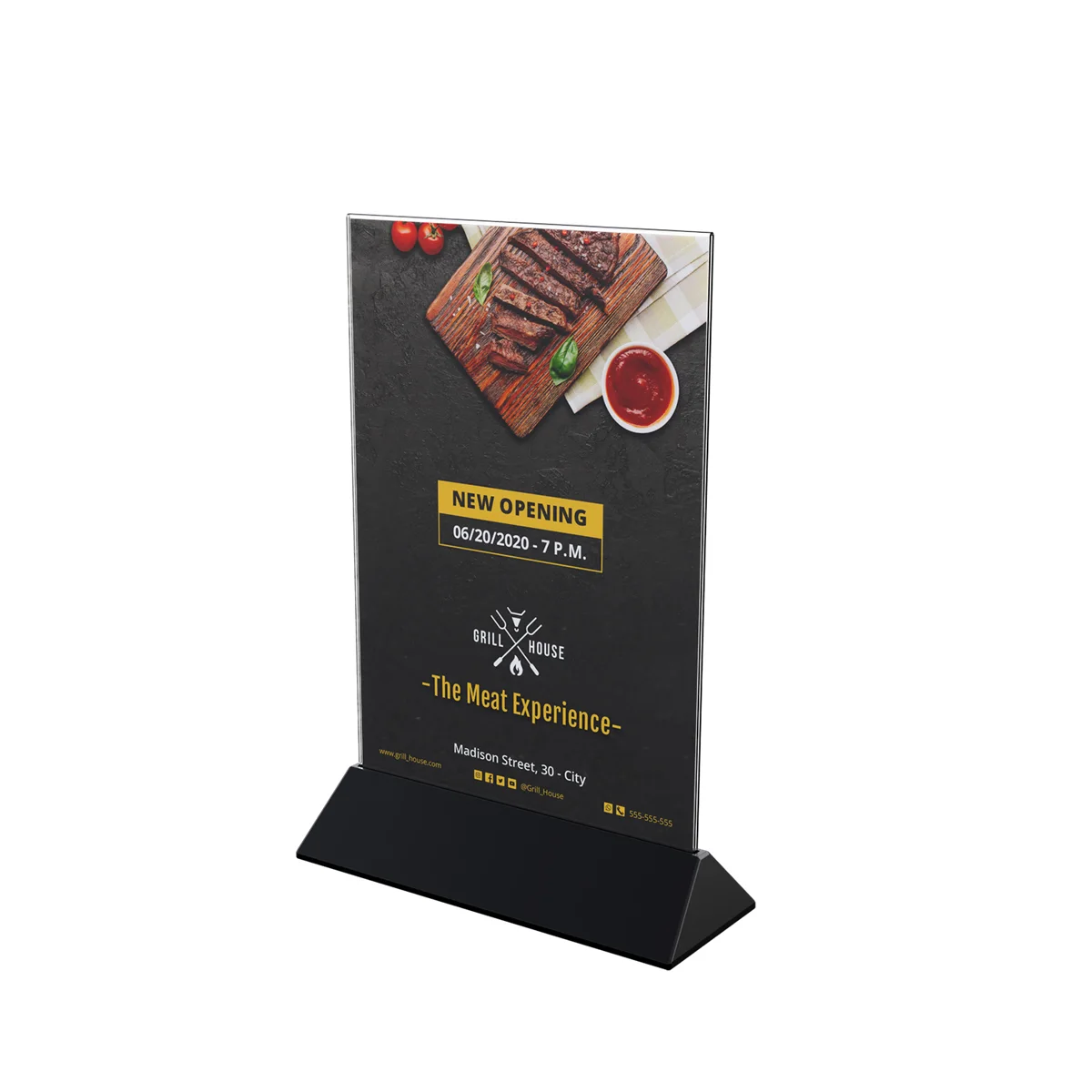 COLOR MENU HOLDER A5 akril cho‘ntakli menyu tagligi, tagligi qora — 4-surat