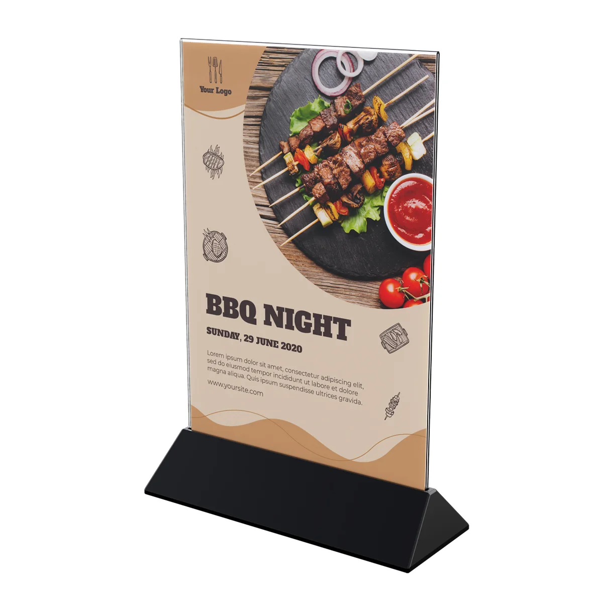 COLOR MENU HOLDER A4 akril cho‘ntakli menyu tagligi, tagligi qora — 3-surat