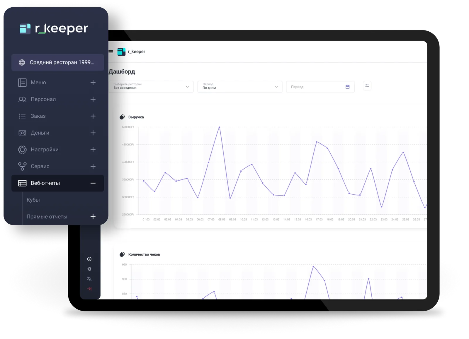 r_keeper WebManager interfeysi: muassasa tanlash, tushum va cheklar soni